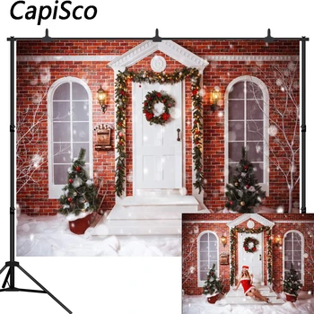 Capisco Фон за Снимки Коледно Дърво Сняг на Зимата Дом Венец Червената Тухлена Стена Детски Фонове за фото студио
